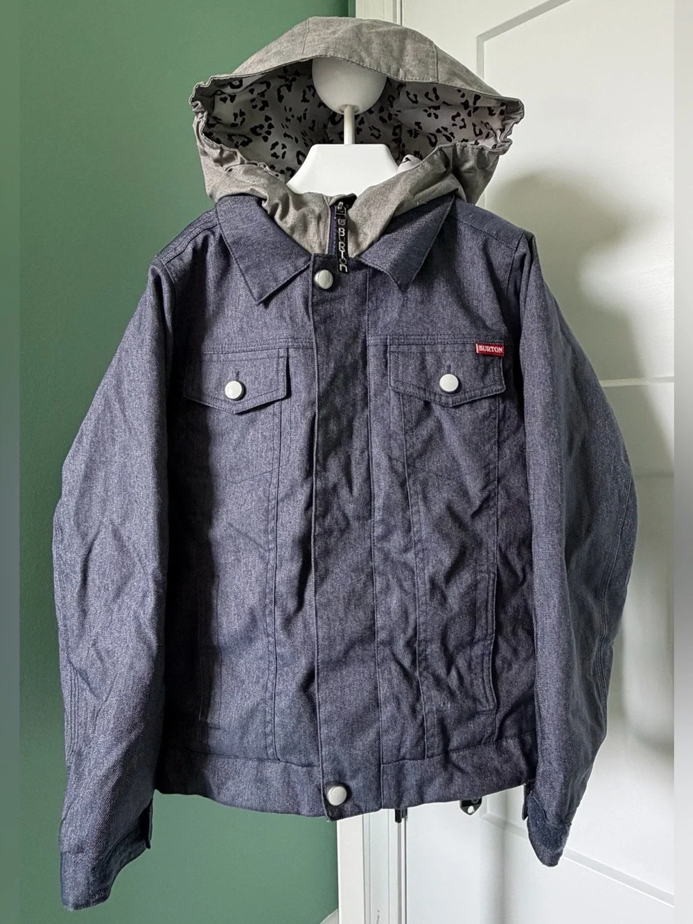 Burton Kids Dark Blue Jean-Style Snowboard Jacket with Leopard Hood Lining